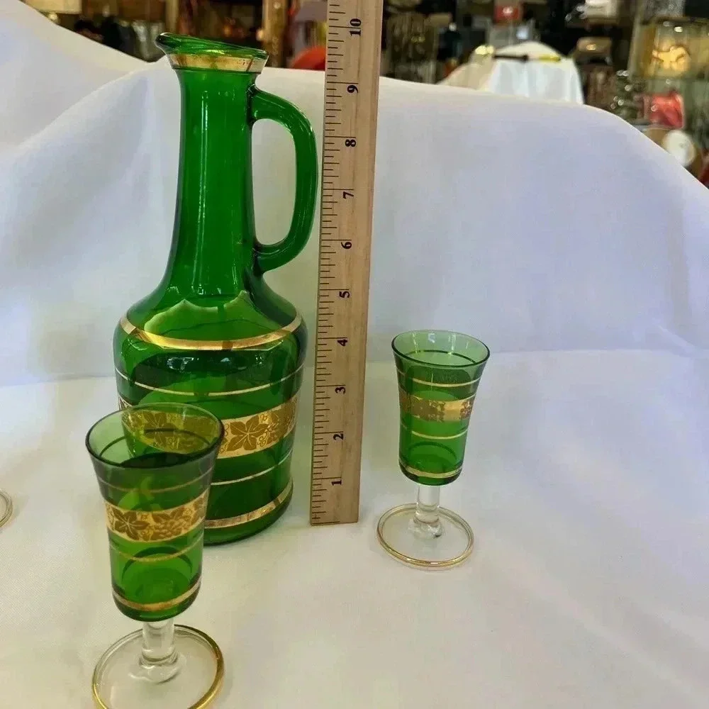 Vintage Green Glass Decanter and 3 Cups